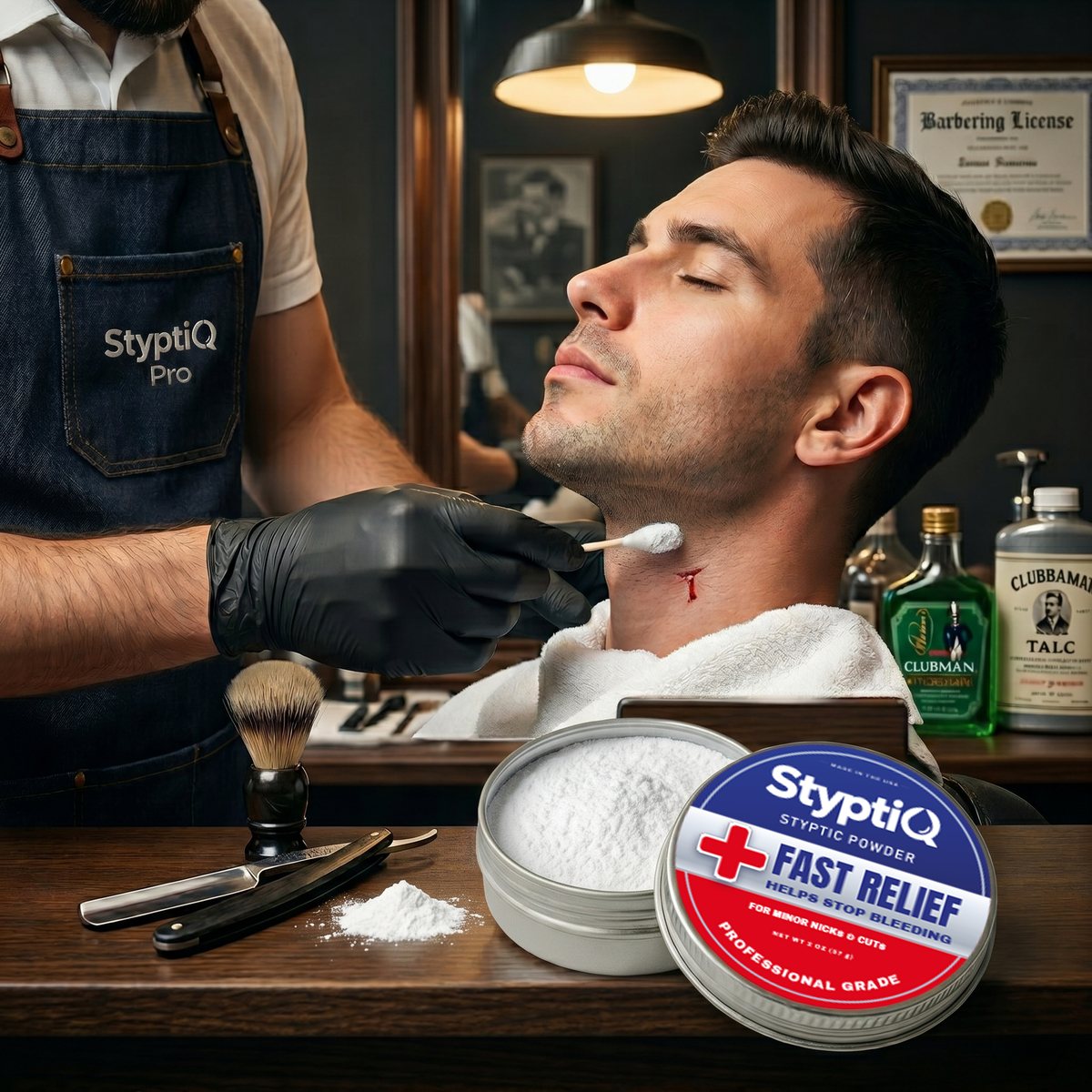 Barber using StyptiQ on a client's neck