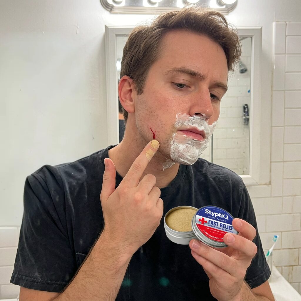 Man applying StyptiQ to a shaving nick at home