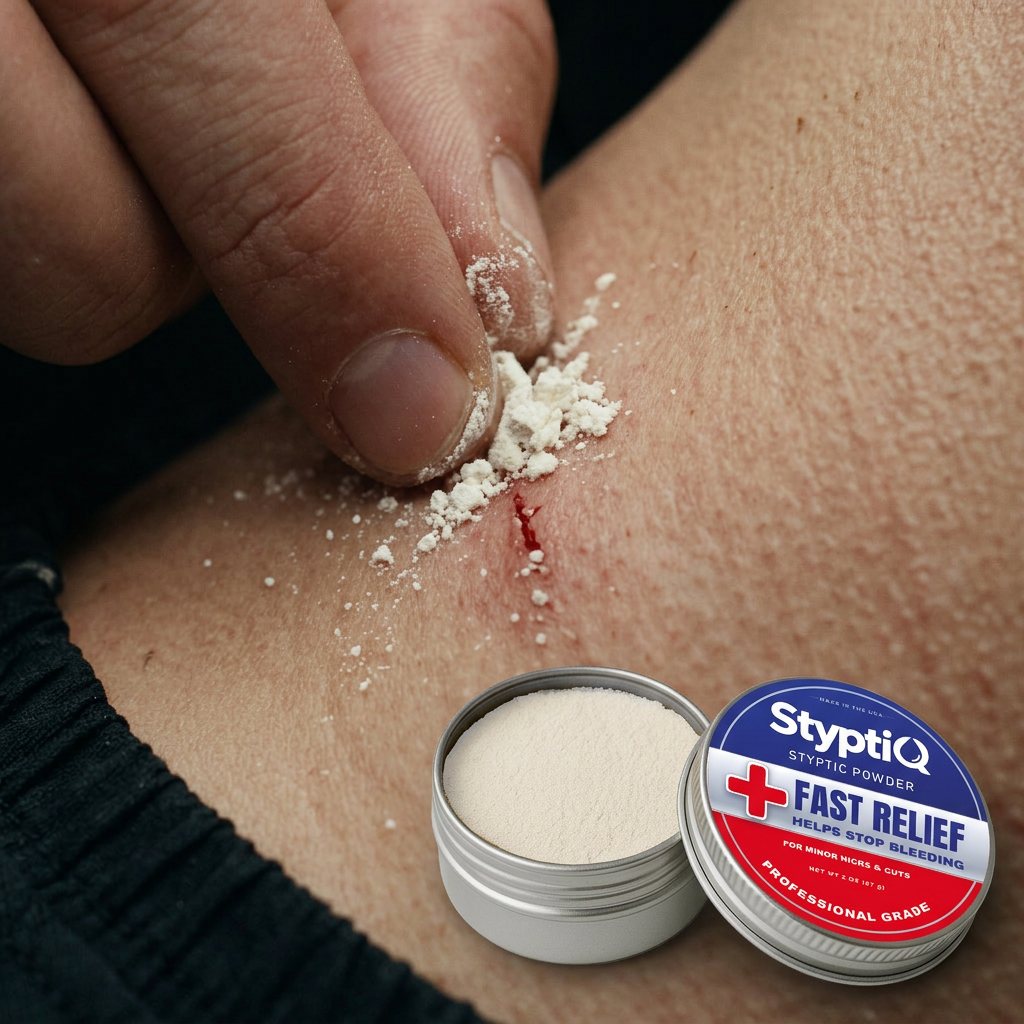 Applying StyptiQ styptic powder — fine white potassium alum powder pressed onto a minor cut